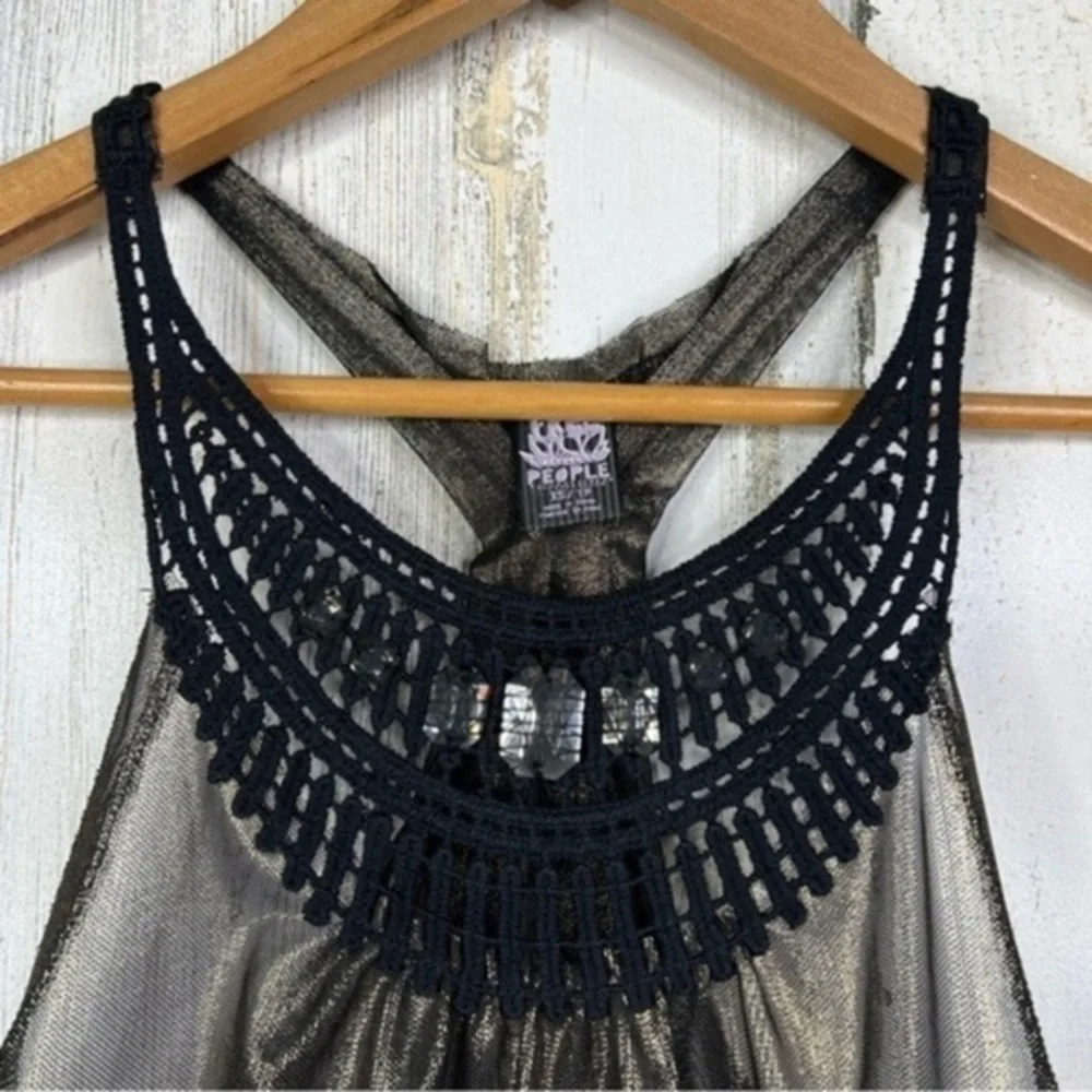 Free People Embellished Sheer‎ Metallic Racerback Tank Top Black Gold Rhinestone